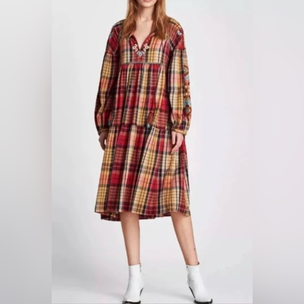 Zara Red Plaid Embroidered Floral Long Sleeve Cotton Midi Dress size S